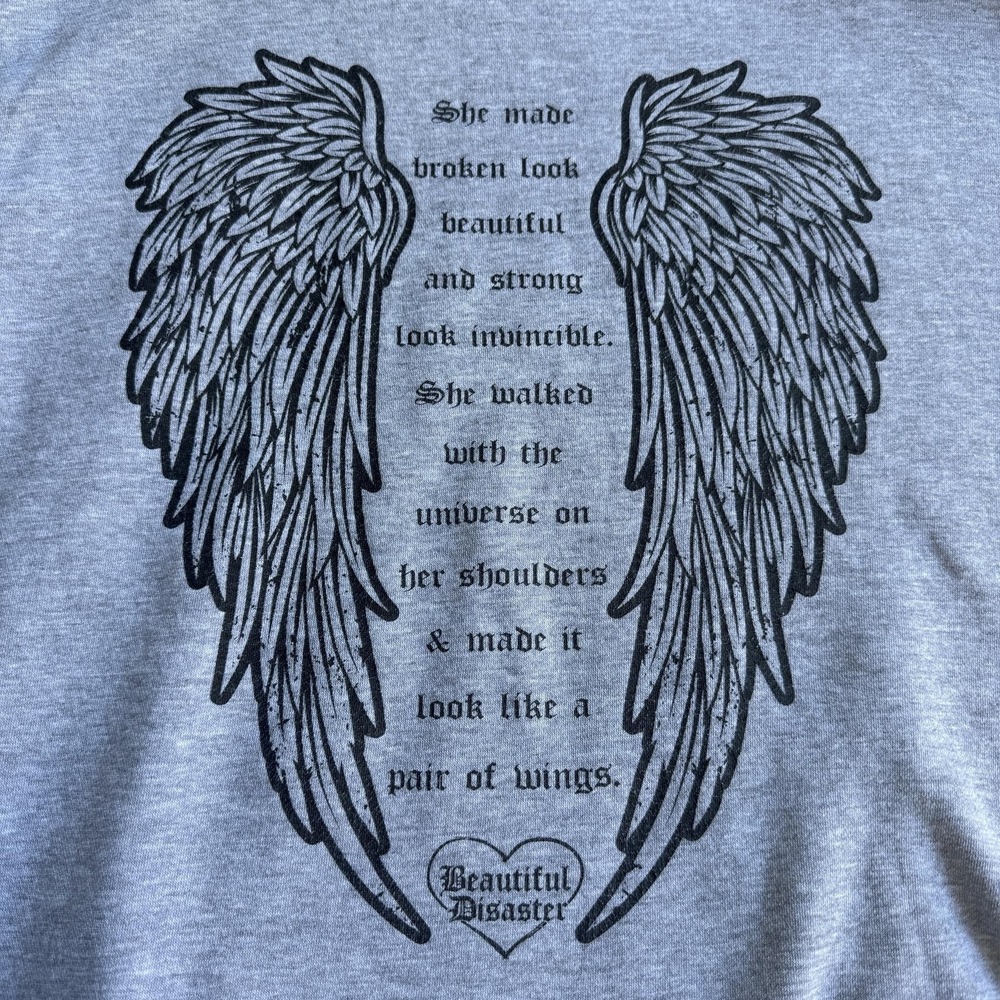 Beautiful Disaster Hoodie Womens 3X Gray Angel Wings Graphic Fleece Pullover - Picture 4 of 11